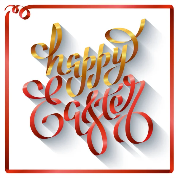 Huevos de Pascua multicolores sobre fondo marrón con cinta roja — Vector de stock