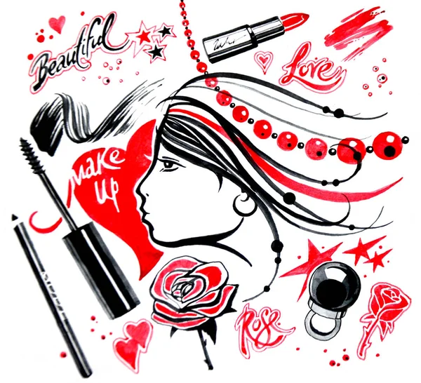 Illustrazione di moda di un acquerello su sfondo bianco ritratto di una ragazza, perline, inchiostro, eyeliner, rosa, rossetto . — Foto Stock