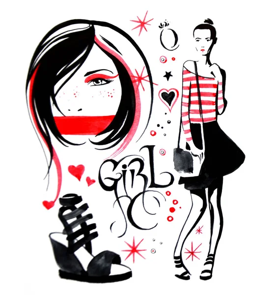 Ilustracja moda akwareli na białym tle portret dziewczyny, sylwetka dziewczyna, torby, buty, ubrania. — Zdjęcie stockowe