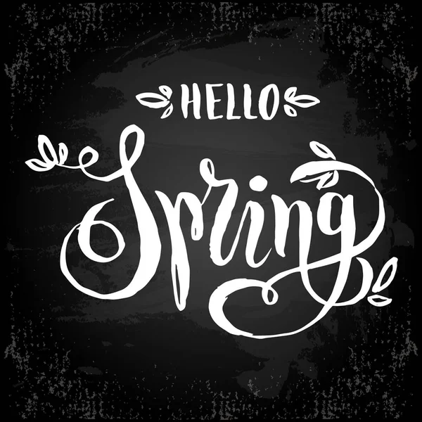 Unique handwritten lettering-hello Spring drawn by white chalk — Stock Vector