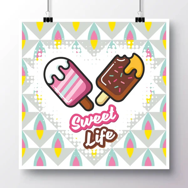 Cartaz com gelado ícone e frase-Sweet Life contra o fundo de um padrão sem costura . — Vetor de Stock