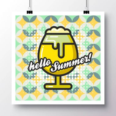 Bira ve ifade-Merhaba yaz Dikişsiz desen arka planı bardak simgesi poster.