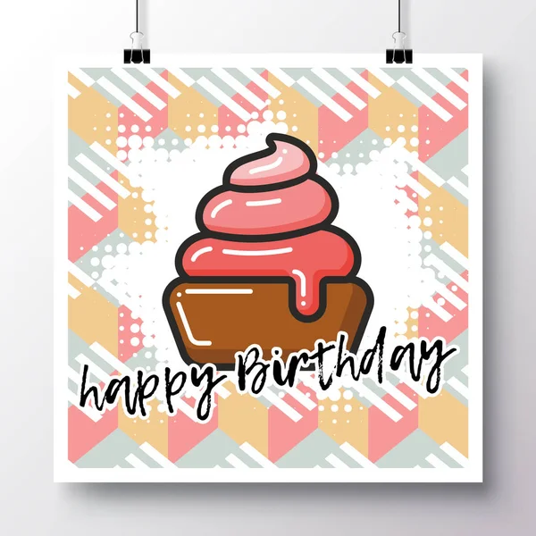 Poster with icon cupcake and phrase-Happy Birthday against the background of a seamless pattern. — Stock Vector