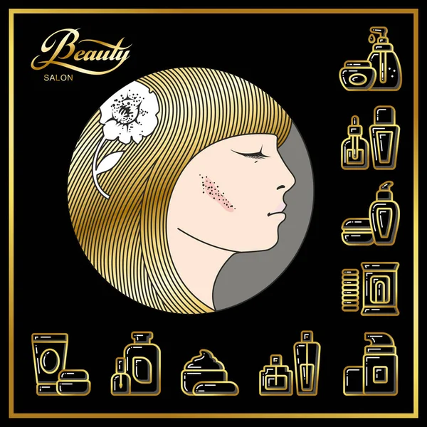 Hermosa cara de chica con cabello dorado y cosméticos de belleza ico — Vector de stock