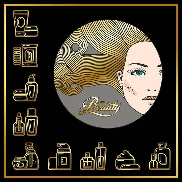 Hermosa cara de chica con cabello dorado y cosméticos de belleza ico — Vector de stock