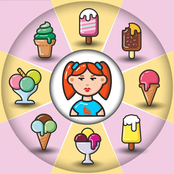 Infographic _ set de iconos de helado y mujer — Vector de stock