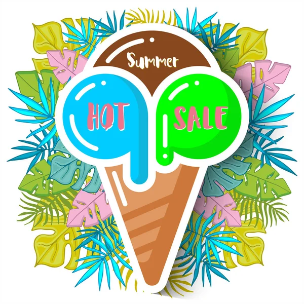 Fundo de venda de verão com folhas de palma tropicais e sorvete _ 1 — Vetor de Stock