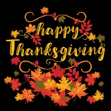 Şükran Günü tebrik kartı sonbahar yaprakları ve rowan ile el çekilmiş