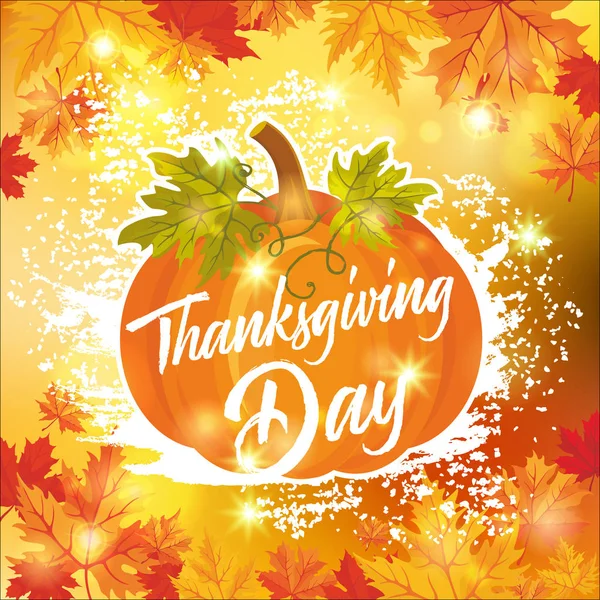 Blahopřání s podzimním listím a dýně pro den díkůvzdání - americký tradiční rodinná dovolená. — Stockový vektor