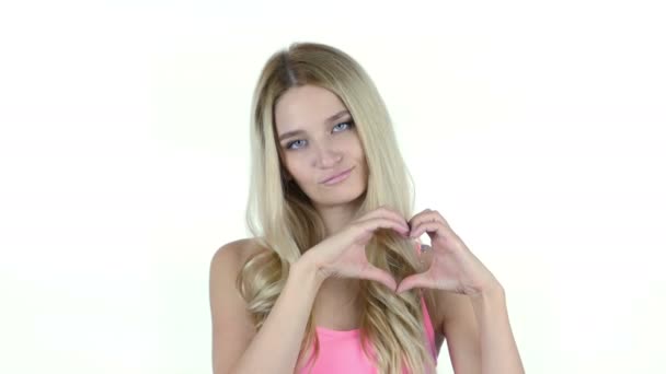 Handmade Heart Sign by Woman, White Background — Stock Video