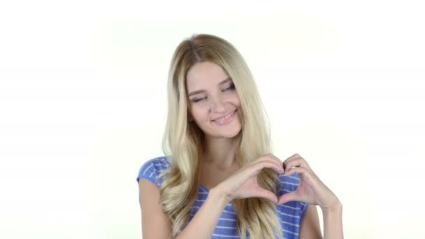 Kézzel készített szív jel nő, fehér, háttér — Stock videók