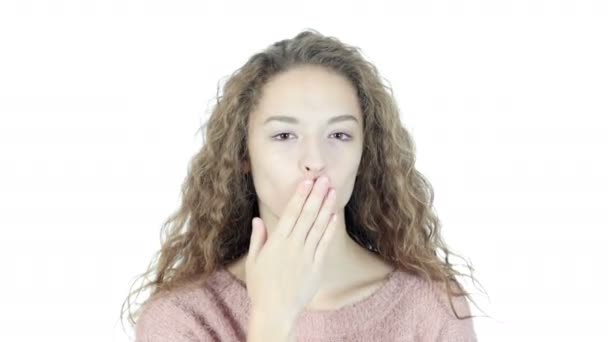 Flying Kiss by Cute Beautiful Woman, White Background — Stock Video