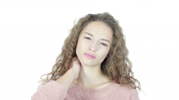 Neck pain ,Woman Suffering from Pain In Neck , White Background — Stock Video