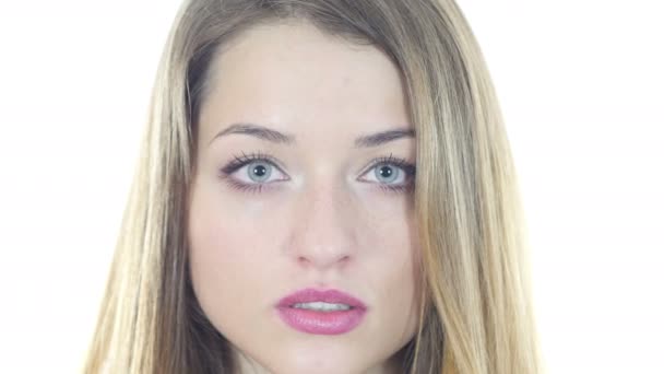 Close Up Of Smiling Woman Face , White Background — Stock Video