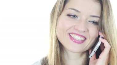 Kadın Smartphone, beyaz arka plan üzerinde söz, kapatmak