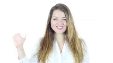 Skype, kadın yapıyor Online Video sohbet, beyaz arka plan