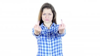 Öfkeli kadın gösterir işareti, beyaz arka plan Siktir git