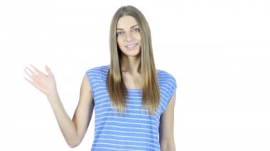 Merhaba, Merhaba, kadın el sallayarak, hoş geldiniz, beyaz arka plan