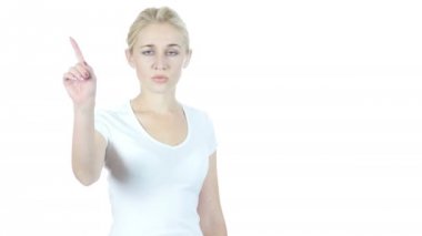 Kadın, hayır sallayarak parmak, beyaz arka plan tarafından gösterilen reddetme