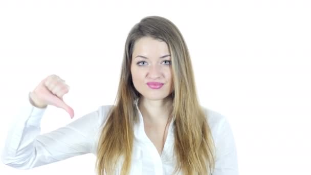 Thumbs Down By Beautiful Young  Woman, White Background — Stok Video