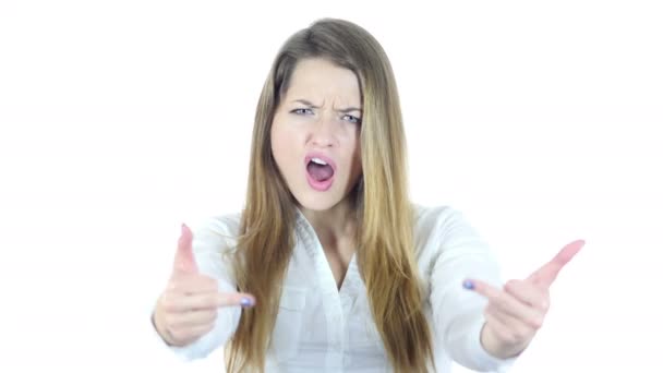 Middle Finger, Angry Woman shows Fuck you Sign, White Background — Stockvideo