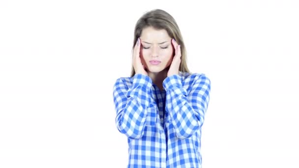 Headache, Разочарование, Напряжение, Депрессия молодой женщины — стоковое видео