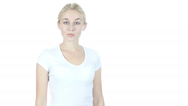 Följ med oss, inbjudan gest av kvinna, vit bakgrund — Stockvideo