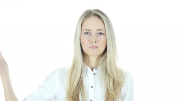 Thumbs Down By Beautiful Young  Woman, White Background — Stock Video