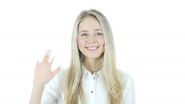 Hallo, Hallo, vrouw zwaaien Hand, welkom, witte achtergrond — Stockvideo