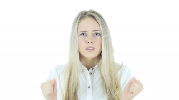 Kaybı, başarısızlık, stres, beyaz arka plana tepki kadın — Stok video