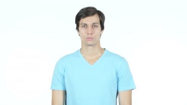 İş adamı işaret, kamera, beyaz arka plan