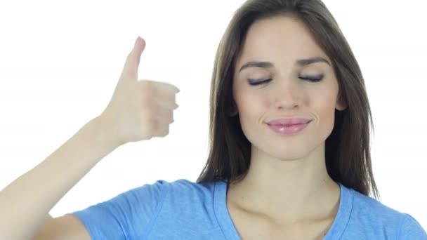 Thumbs Up By Beautiful Brunette Woman, White Background — Stock Video