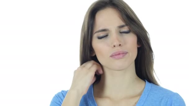 Neck pain , Tired Business Woman, White Background — Stock Video