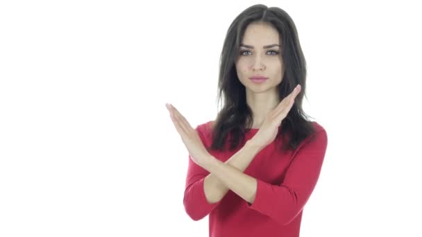 Hände kreuzen, Angebot ablehnen, Nein von Frau, weißer Hintergrund — Stockvideo