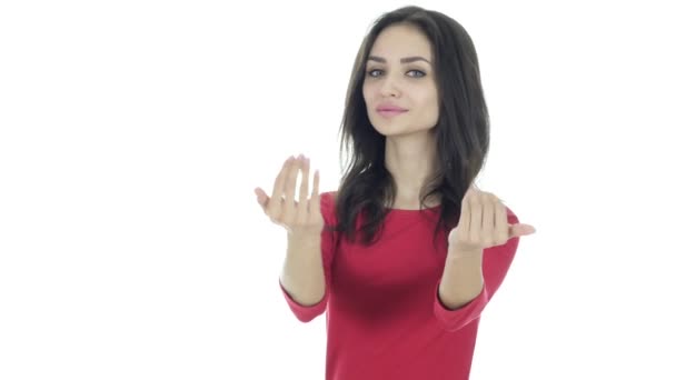 Inbjudande, inbjudan gest av kvinna, vit bakgrund — Stockvideo
