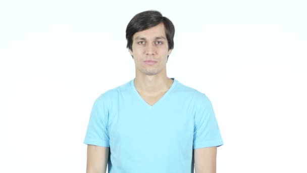 Hello, Waving Hand, Excited Young Casual Man, White Background — Stock Video