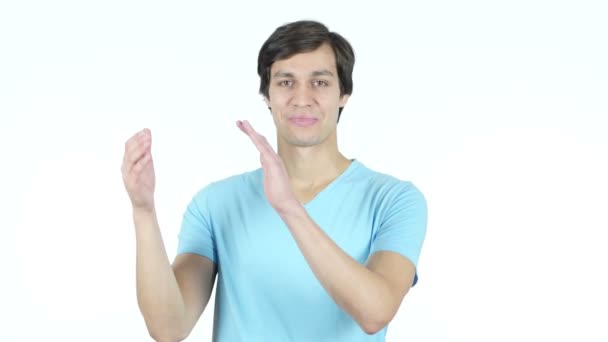 Mann klatscht, applaudiert, weißer Hintergrund — Stockvideo