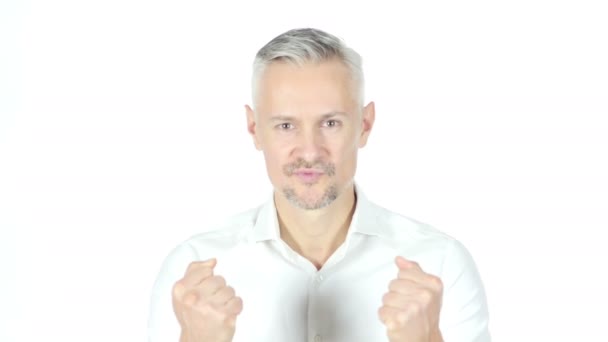 Verlust, Geschäftsmann reagiert auf Misserfolg, Porträt weißer Hintergrund — Stockvideo