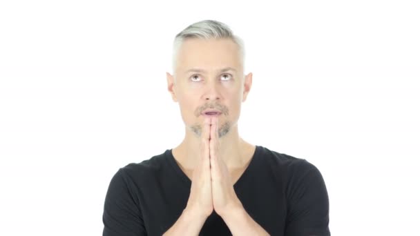 Pregare, Aiutami Dio, sconvolto uomo di mezza età, sfondo bianco — Video Stock