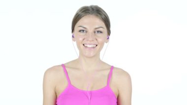 Kadın yapıyor Online Video sohbet, beyaz arka plan