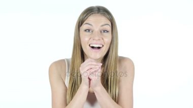 Kadın sürpriz bir şekilde, beyaz arka plan hayran