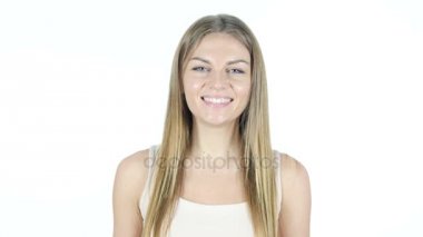 Kadın yapıyor Online Video sohbet, beyaz arka plan