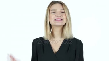 Video sohbet, genç kadın beyaz arka plan üzerinde