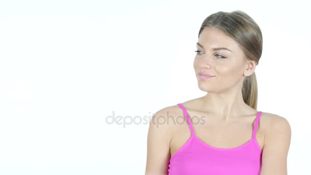 Woman Pointing Showing Aside , White Background — Stock Video