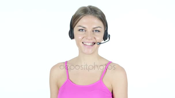 コール センターの女の子を笑みを浮かべて、顧客サービスのコンセプト — ストック動画