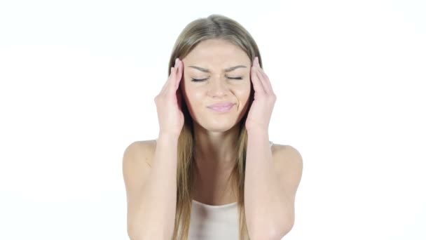Dolor de cabeza, frustración, tensión, mujer joven deprimida — Vídeos de Stock
