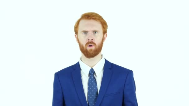 Πορτρέτο του θυμωμένος κόκκινα μαλλιά γενειάδα επιχειρηματίας, λευκό φόντο φωνές — Αρχείο Βίντεο