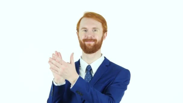 Clapping Red Hair Beard Businessman, White Background — Stock Video