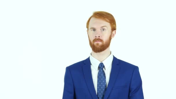 Pointing on Side, Red Hair Beard Businessman, White Background — Stock Video