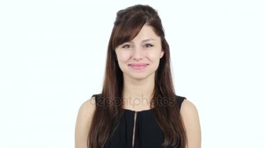 Merhaba, el, beyaz arka plan sallayarak genç kız